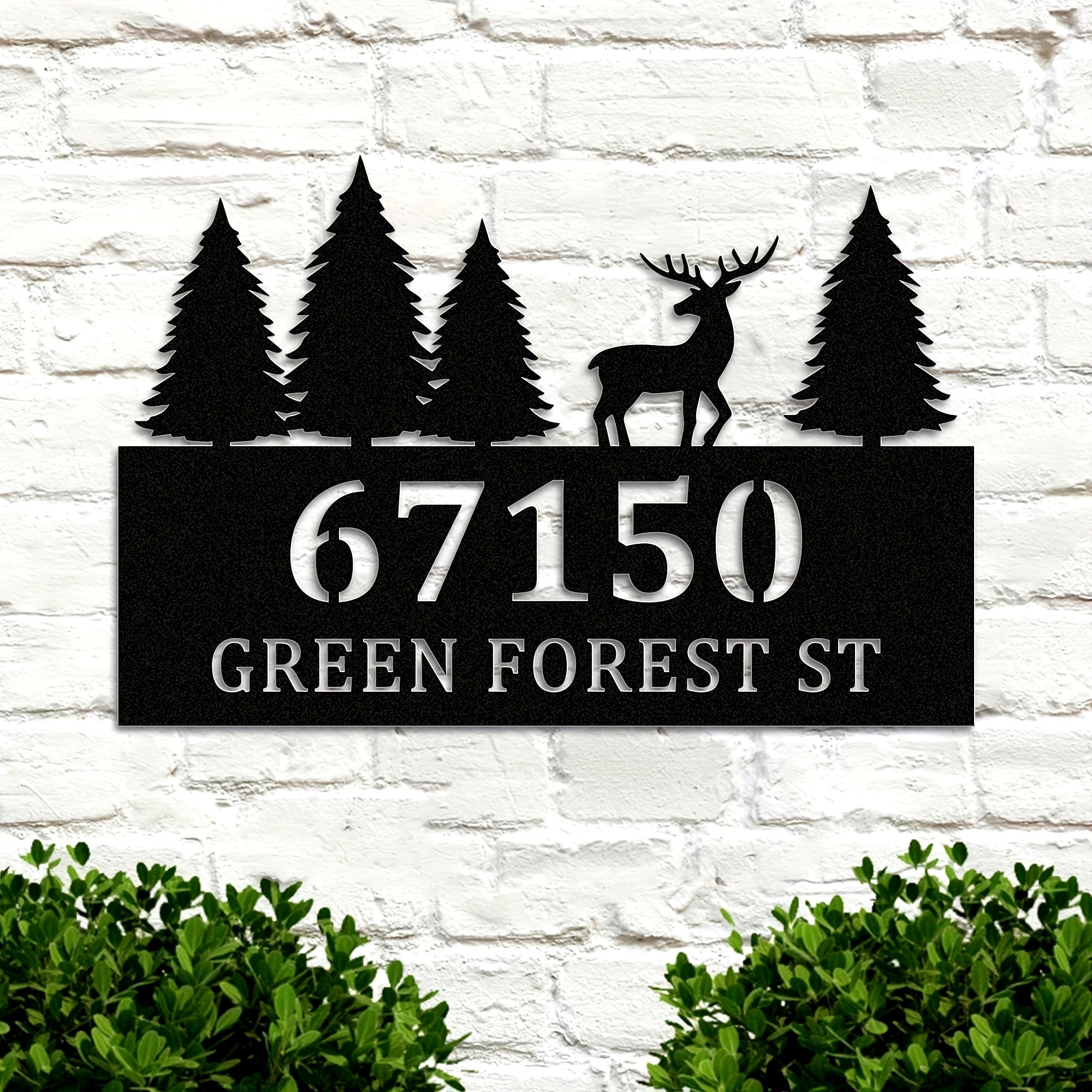 Metal House Number Sign with Forest and Deer Silhouette Waterproof Wall Art for Outdoor Entryway