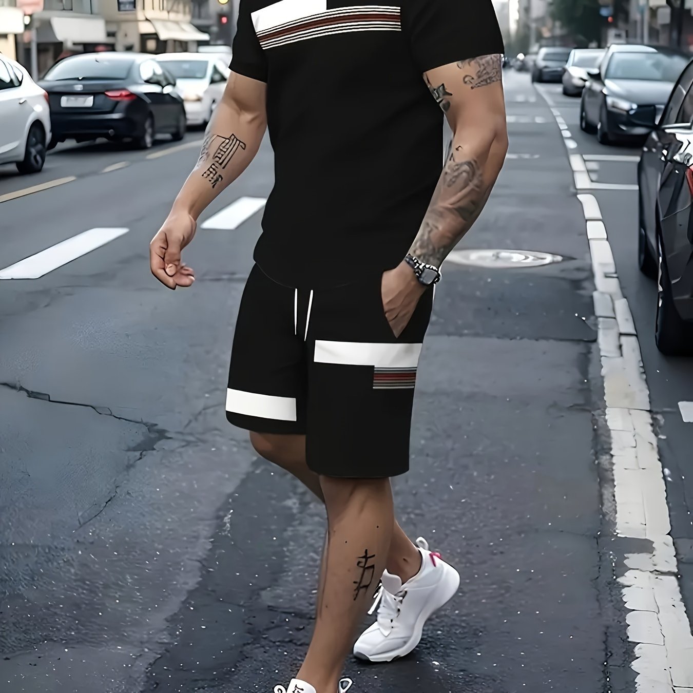 Men's Casual Sportswear Set Short Sleeve Crew Neck Polyester Spandex Summer