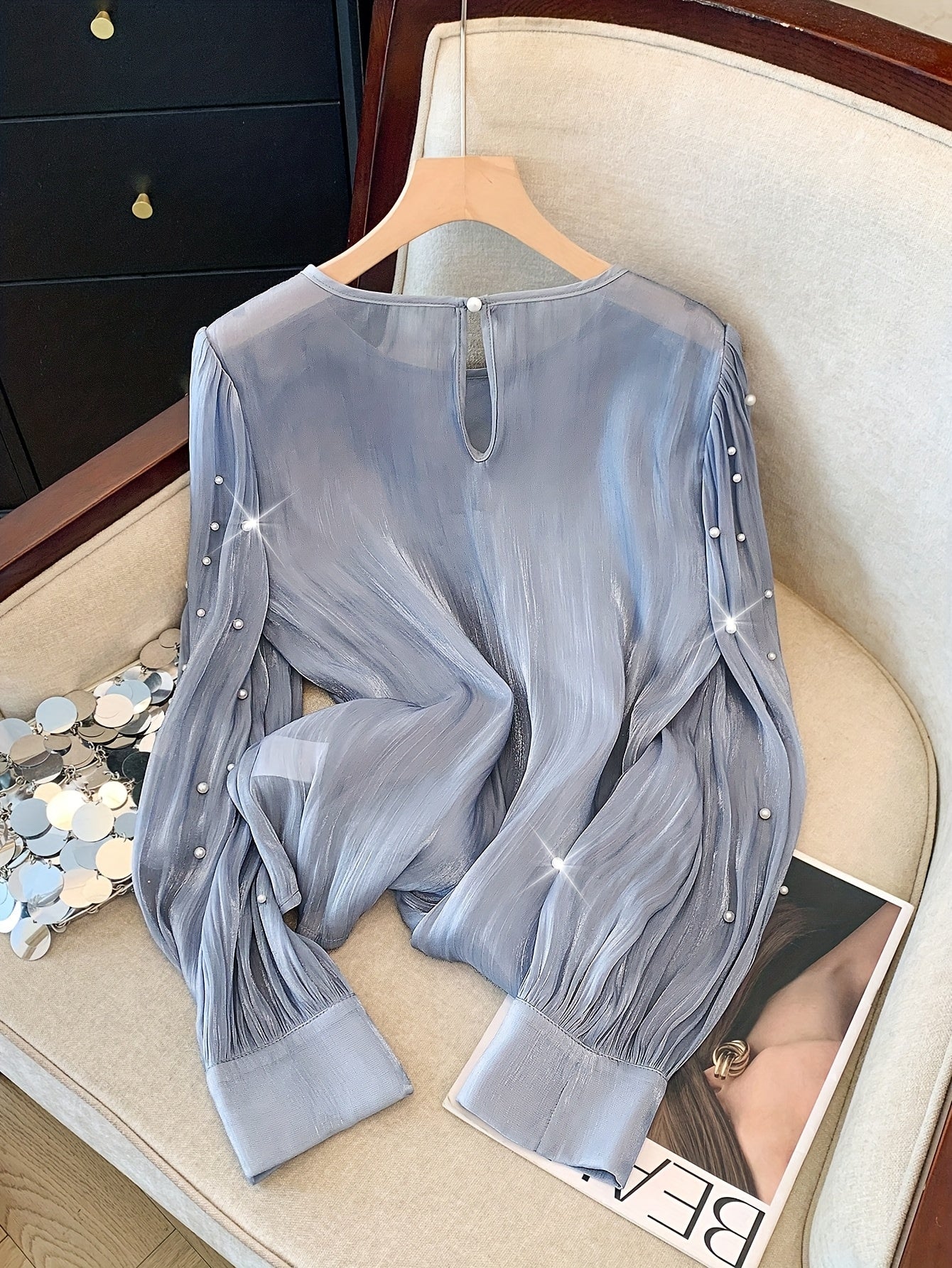 Women's Beaded V-Neck Blouse Long Sleeve Polyester Elegant French Style for Spring Fall Events