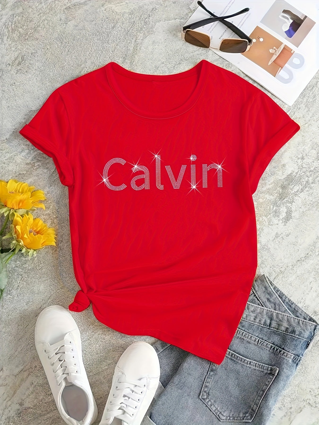 Plus Size Women's Glitter Graphic T-Shirt Black Short Sleeve Casual Top