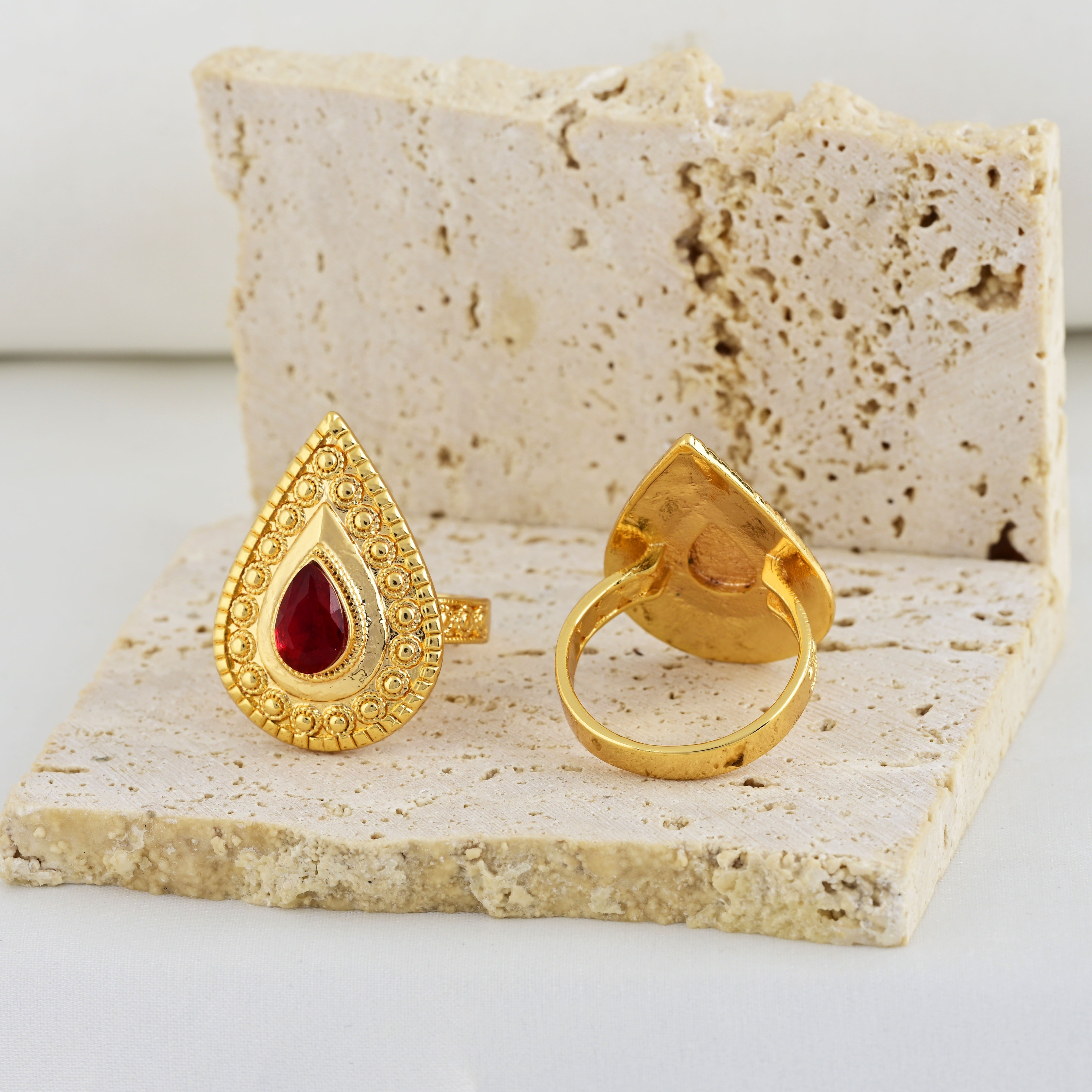 Gold-Plated Water Drop Ring with Synthetic Ruby Obsidian and Emerald for Women