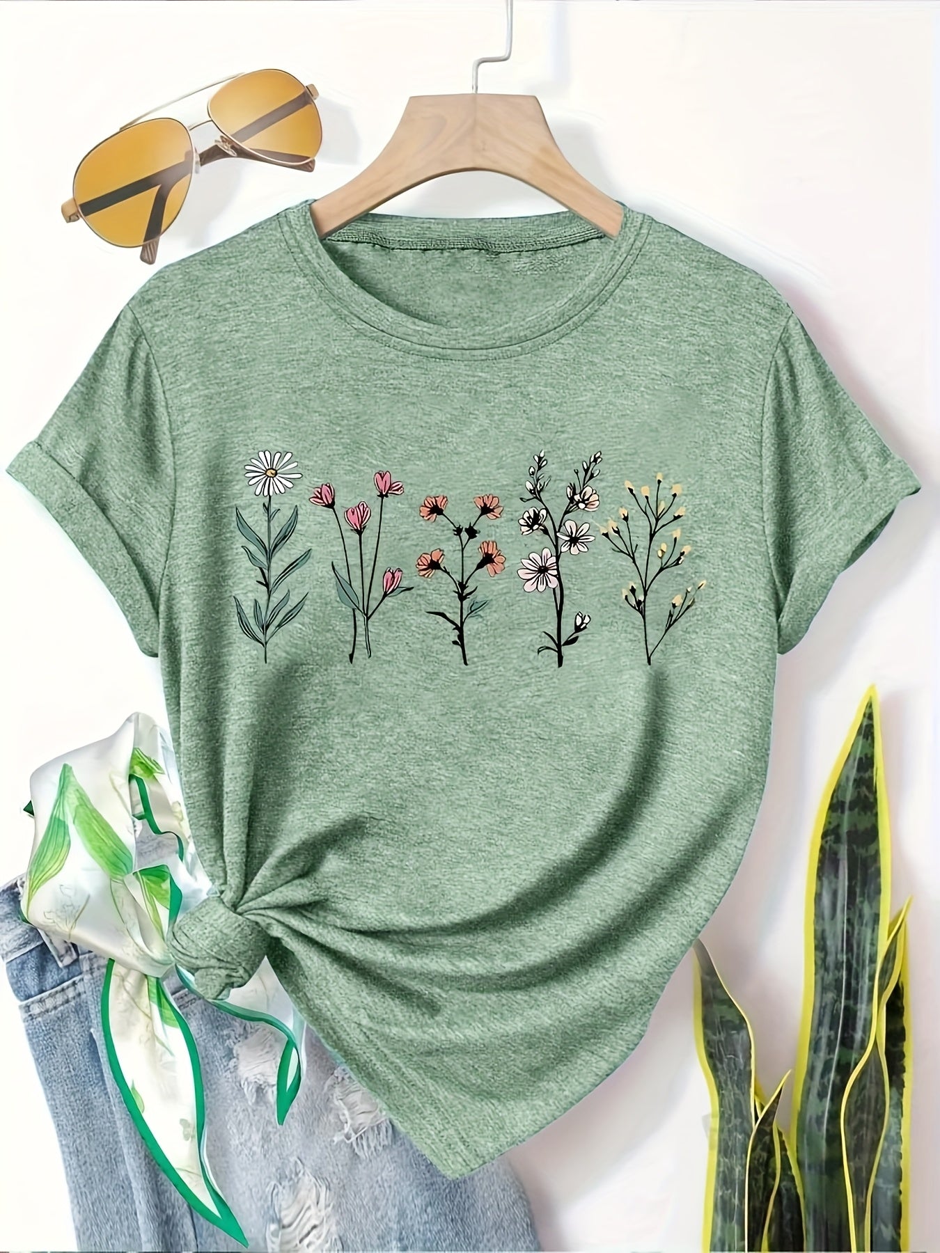 Women’s Cotton Casual T-Shirts, Floral & Butterfly Prints, Short Sleeve, Pack of 5