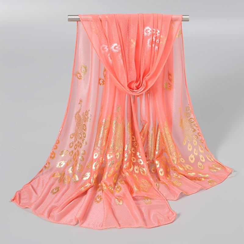 Women’s Peacock Print Lightweight Sun-Protective Polyester Scarf with Shimmering Foil
