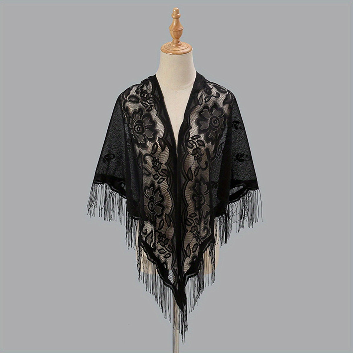 Elegant Women's Cardigan Shawl with Monochrome Lace Tassel Embroidery