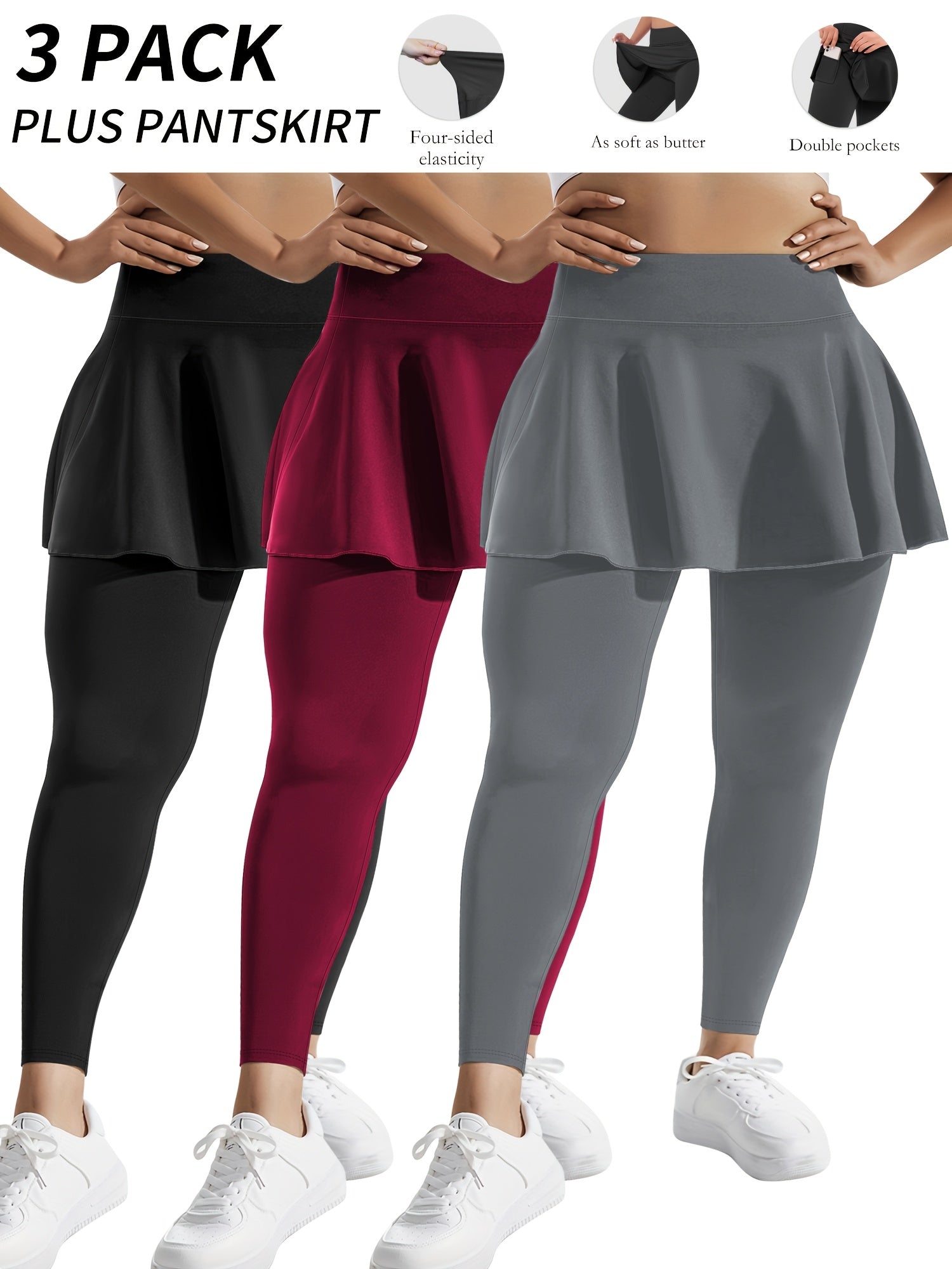 Plus Size Women Tennis Skirted Leggings with Pockets Capris Yoga Wear