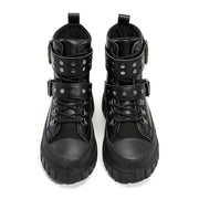 Women Black Motorcycle Boots Metal Buckles Flat Sole All-Season