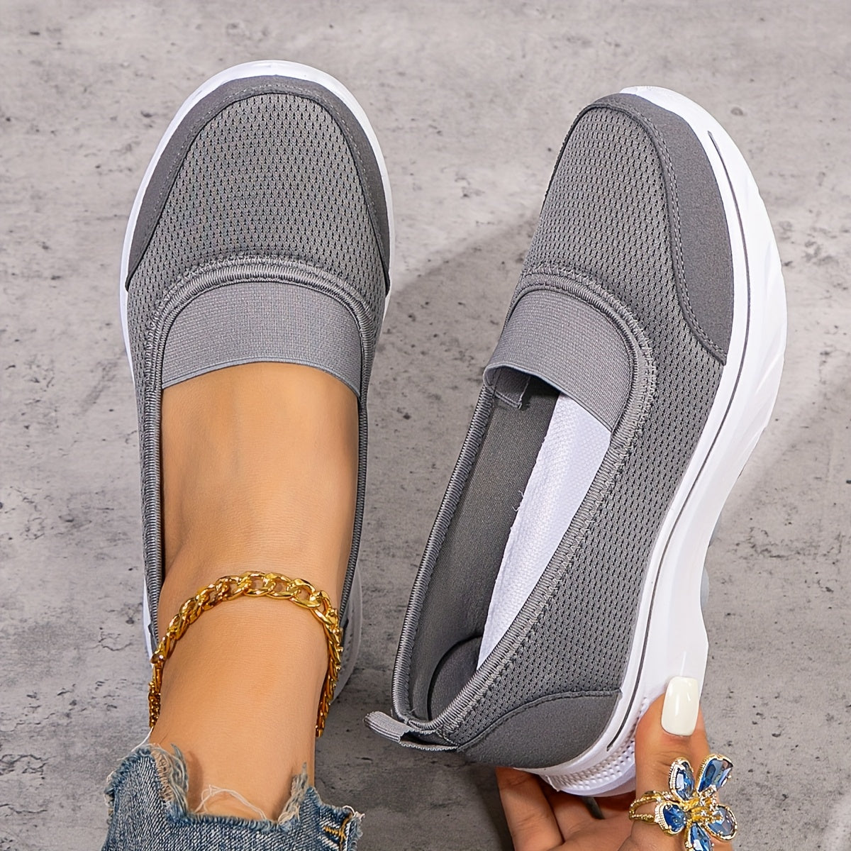 Women's Casual Mesh Slip-On Sneakers, Solid Color, Non-Slip Soft PVC Sole