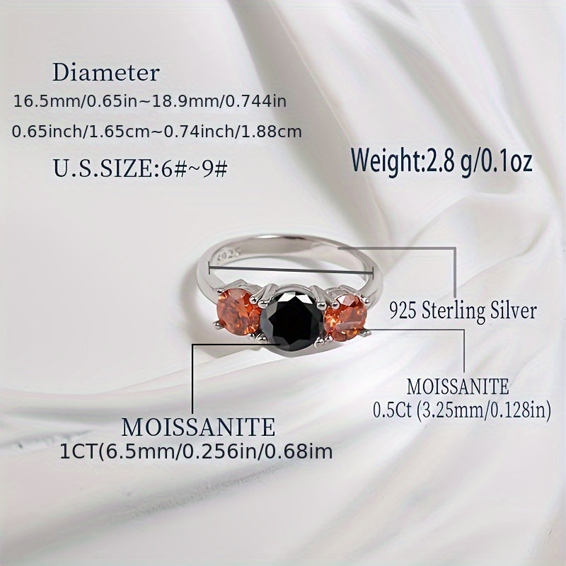 Sterling Silver Promise Ring Set with Orange Moissanite Stones and Black Moissanite Accent