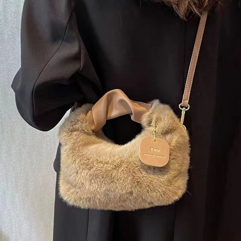 Bolso bandolera de pelo sintético para mujer con correa ajustable y cierre de cremallera en caqui gris rosa crema