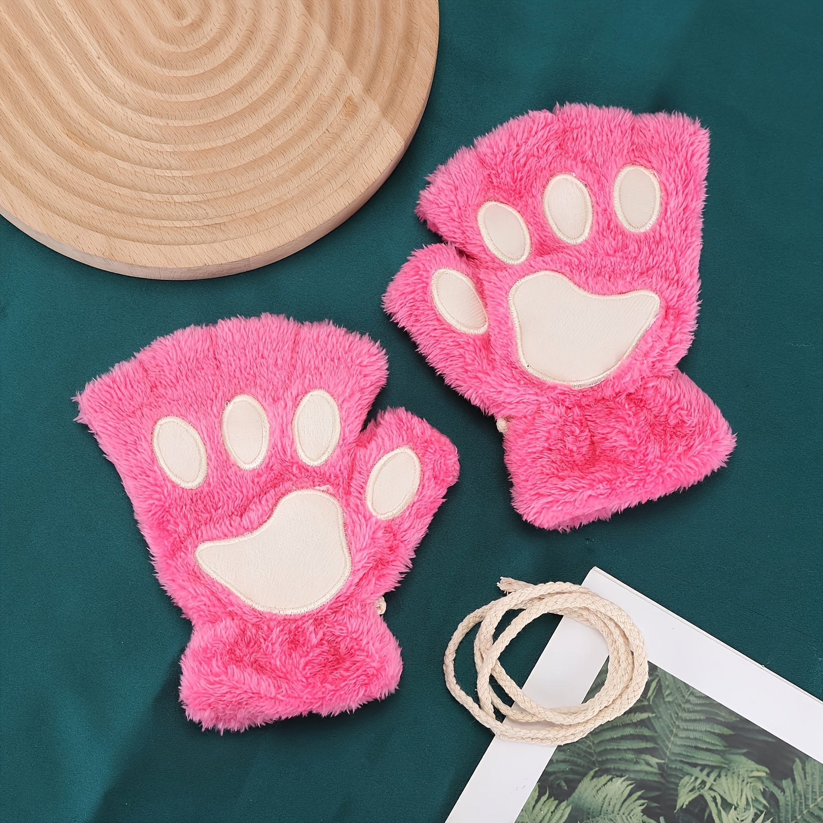 Kawaii Cat Paw Plush Gloves for Women Warm Fleece Half Finger Winter Autumn