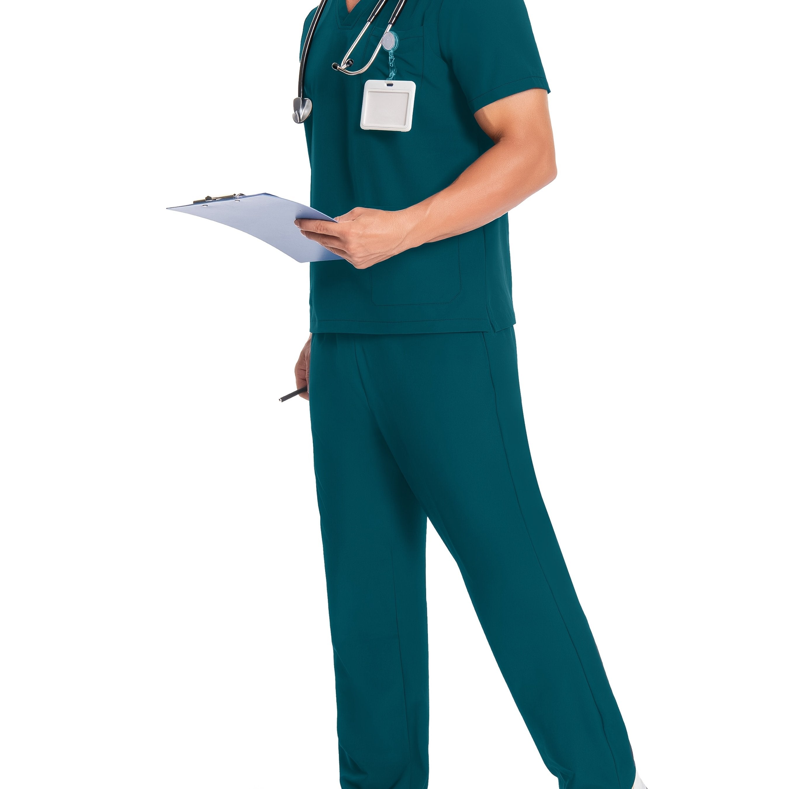 Men's Breathable Polyester Workwear Set V-Neck Top and Pants with Pockets for Pet Grooming and Lab Coats