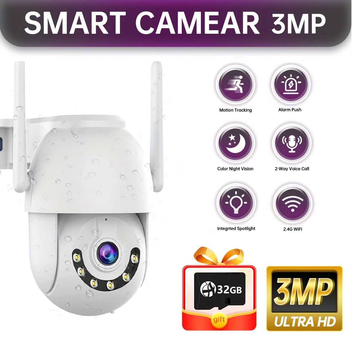 Outdoor Security Camera 300W PTZ Full-Color Night Vision 32GB Memory Card Included