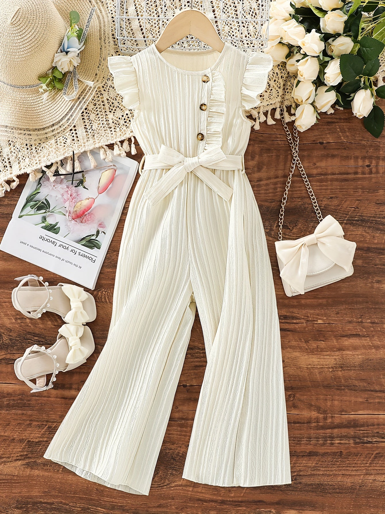 Девочки широкие брюки летние повседневные однотонные из полиэстера с поясом, пуговицей, без рукавов