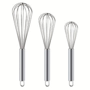 Set of 3 Stainless Steel Egg Whisks in Different Sizes for Cooking and Baking