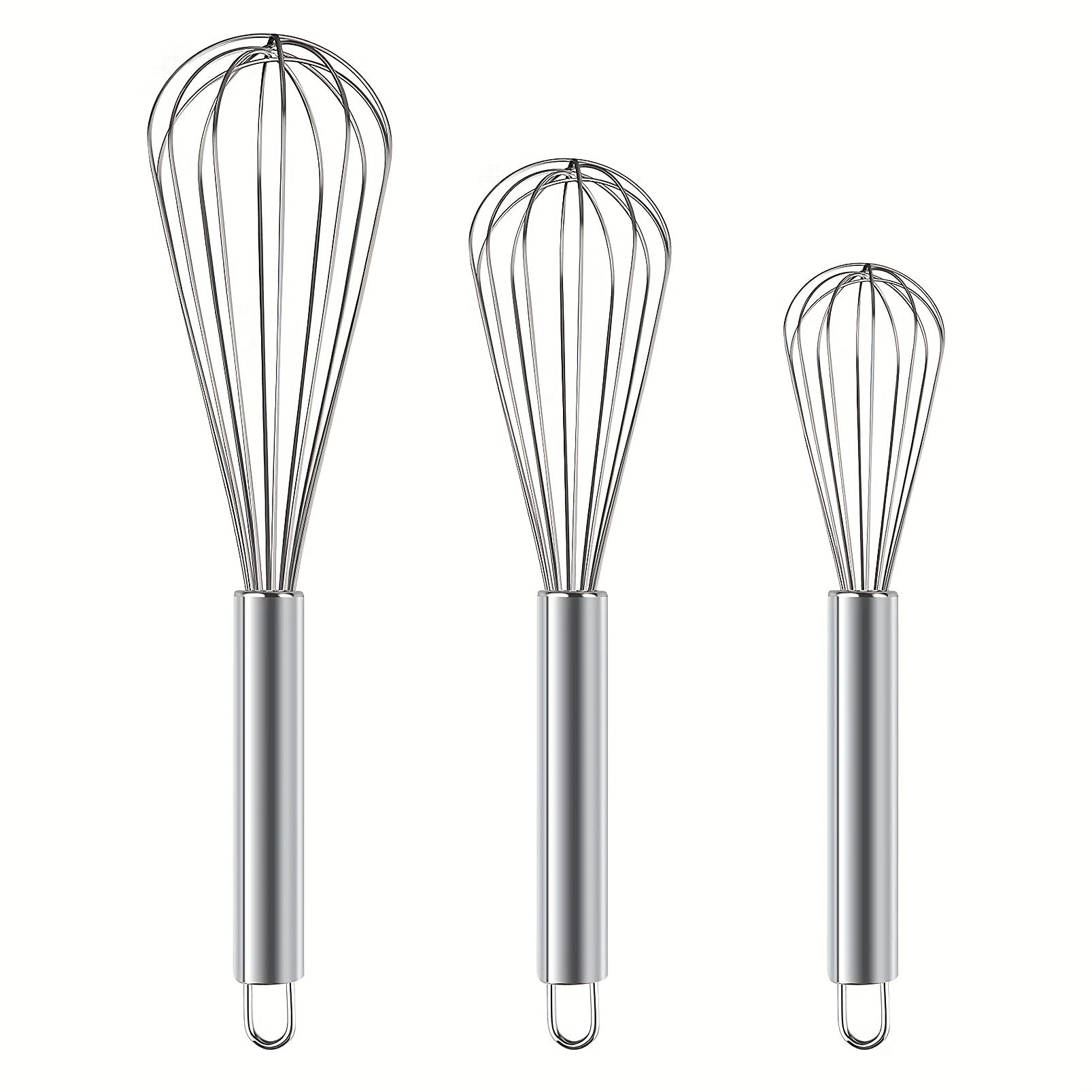 Set of 3 Stainless Steel Egg Whisks in Different Sizes for Cooking and Baking