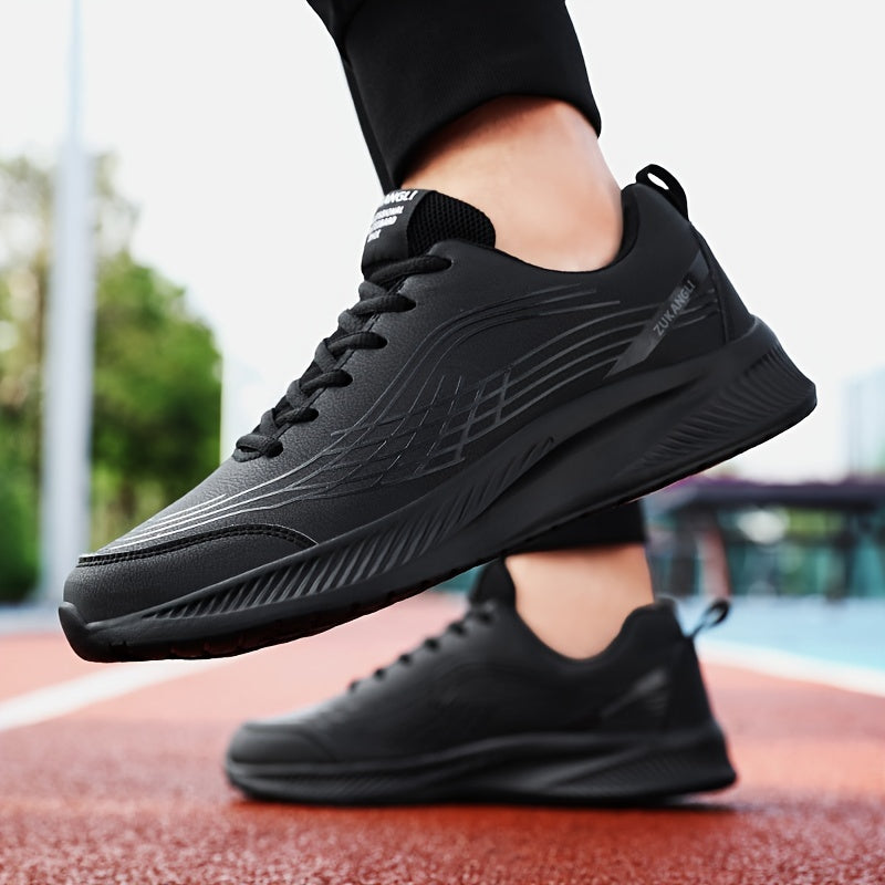 Men's Black Running Shoes Low Top Lace-Up Sneakers with Textured Fish Scale Pattern and Durable MD Sole