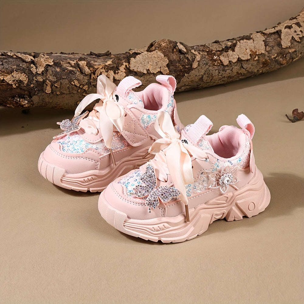 Girls' Casual Sneakers with Rhinestones and Butterfly Bow Lightweight Soft for Spring and Fall