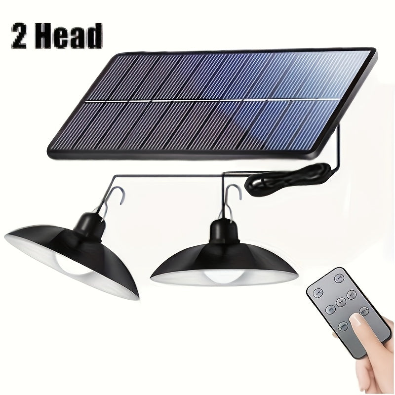 Lámpara colgante LED solar con control remoto, doble cabezal, lámpara exterior suspendida para jardín, porche, autocaravana y camping