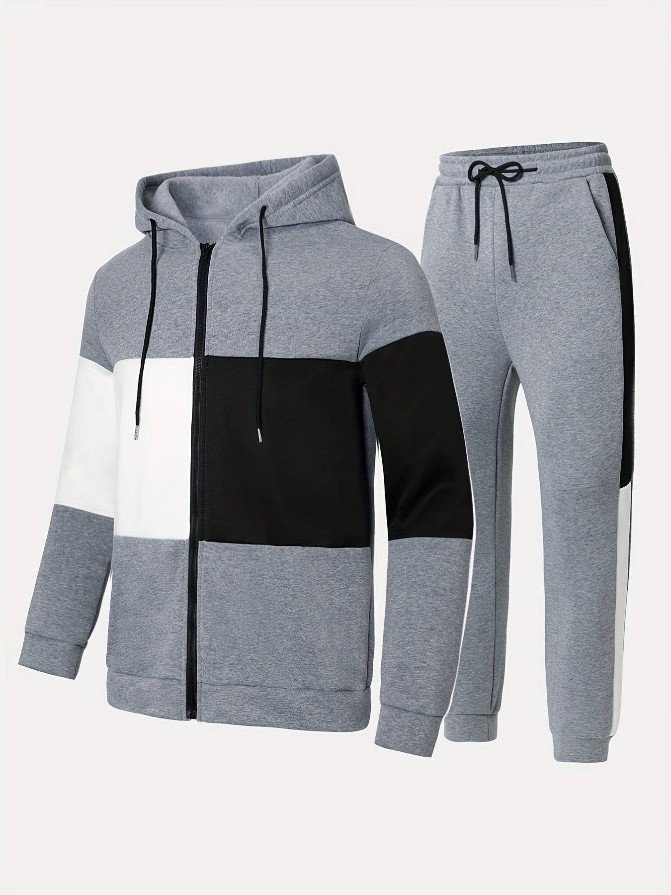 Men's Color Block Polyester Tracksuit with Hooded Zip Up Hoodie and Jogging Pants for Gym and Running