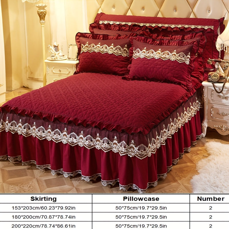 3-Piece Solid Color Quilted Love Quilt Set with Lace Bed Skirt and Pillowcases
