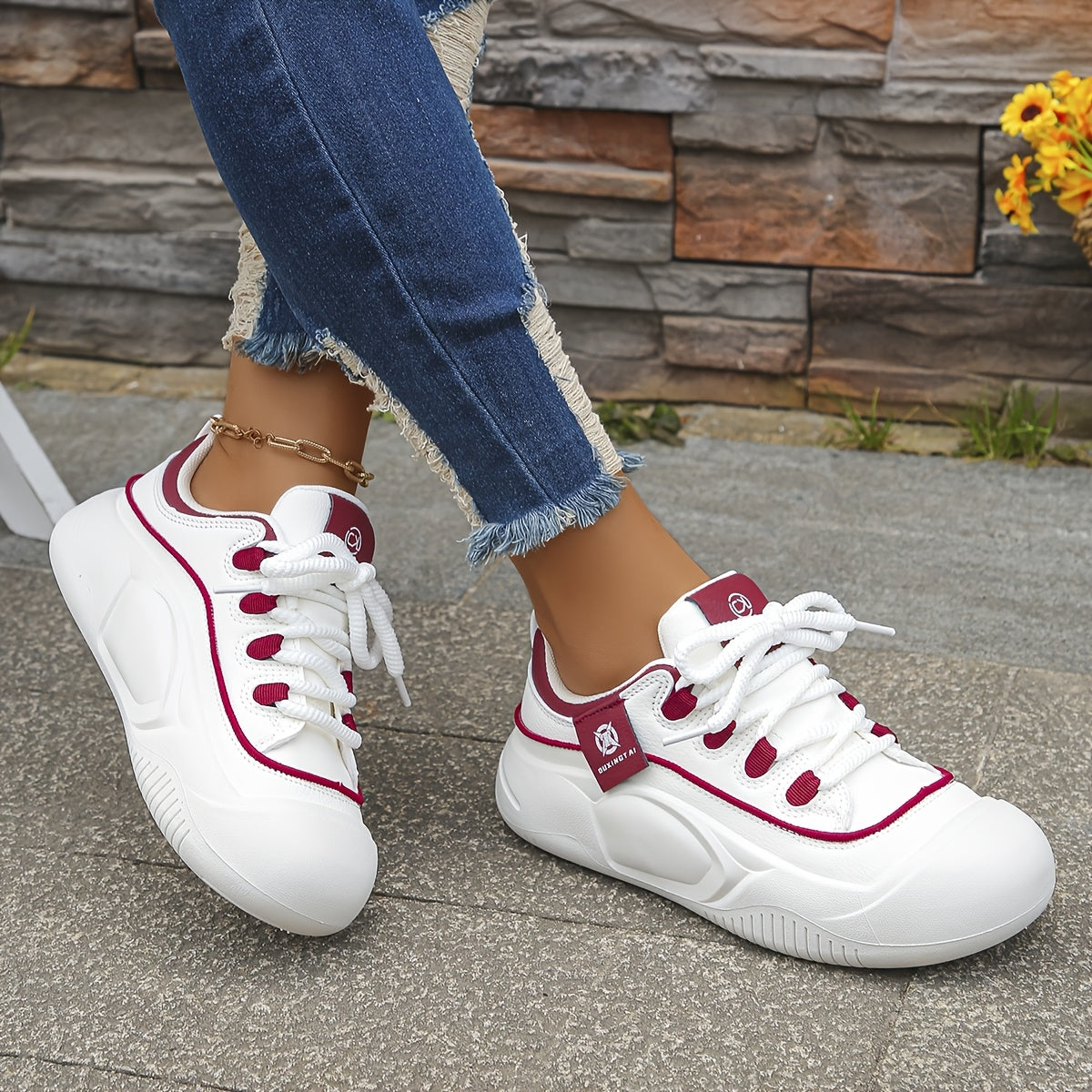 Women's Casual Low-Top Lace-Up Sneakers White Navy Blue Lightweight Faux Cover Round Toe