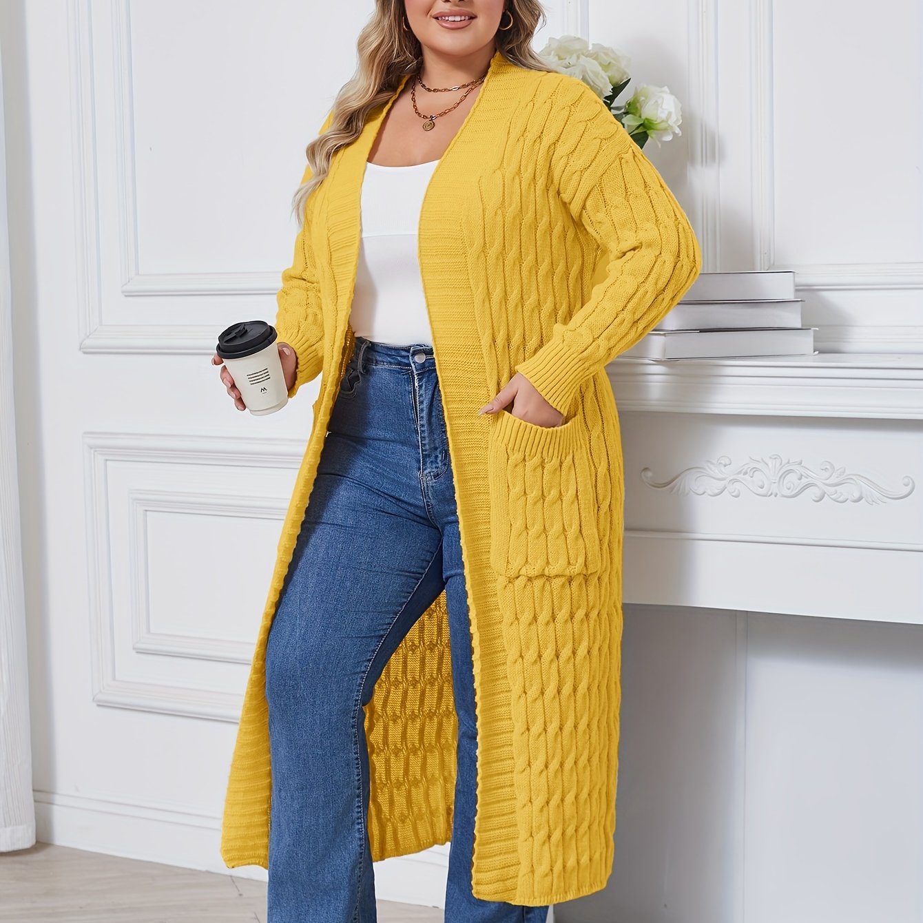 Plus Size Open Front Cardigan with Pockets Long Sleeves Women's Casual Winter Knit Polyester