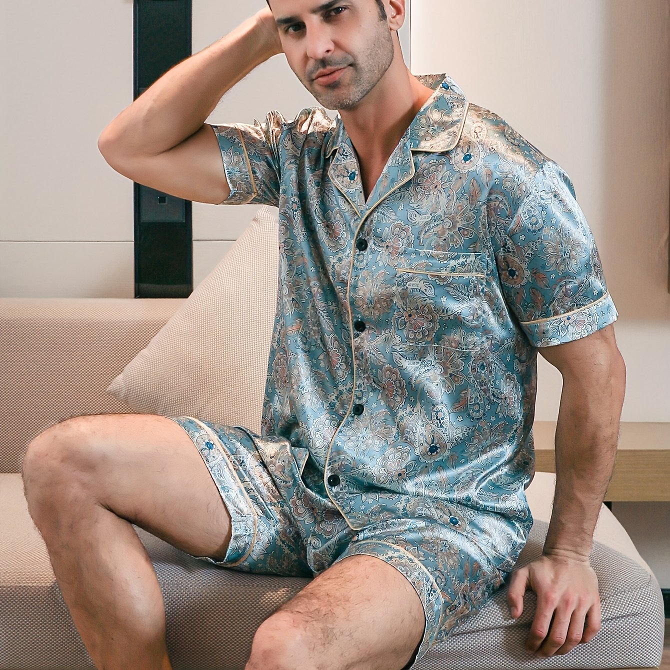 Men's Short Sleeve Floral Print Pajama Set for Summer with Polyester Fabric