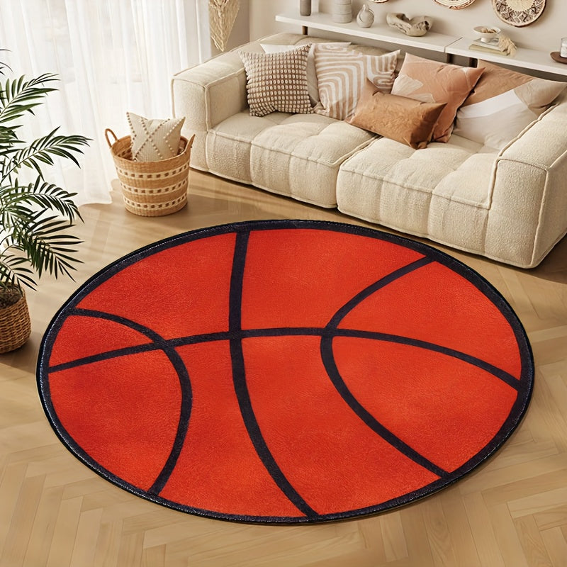 Thick Basketball-Inspired Round Area Rug, Soft Polyester, Easy to Clean, Bedroom or Living Room Decor