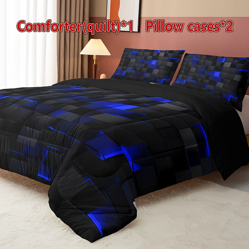 Set of 3 Black and Red Plaid Quilt Bedding with Pillowcases All-Season Soft