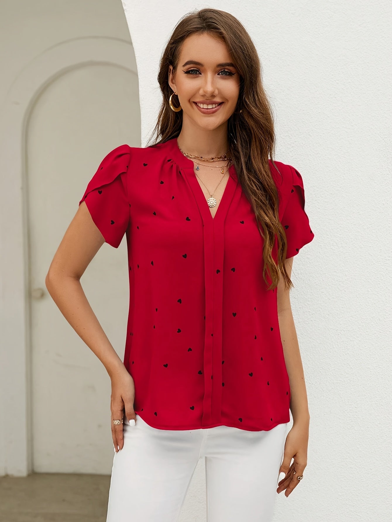 Women's Plus Size Light Blue Heart Print V-Neck Blouse Casual Summer Top