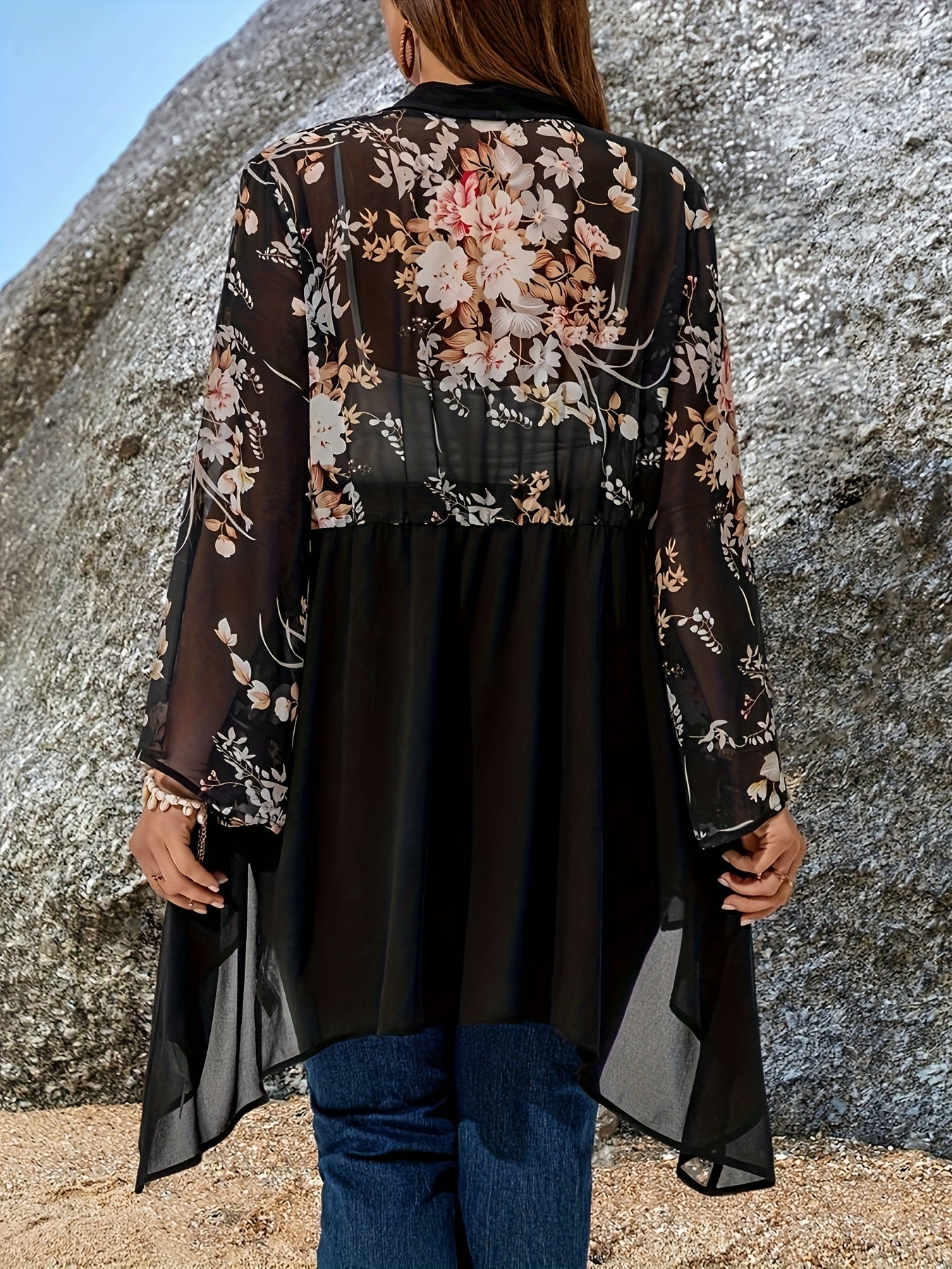 Women's Plus Size Boho Floral Print Cardigan Lightweight Rose-Style Open Front