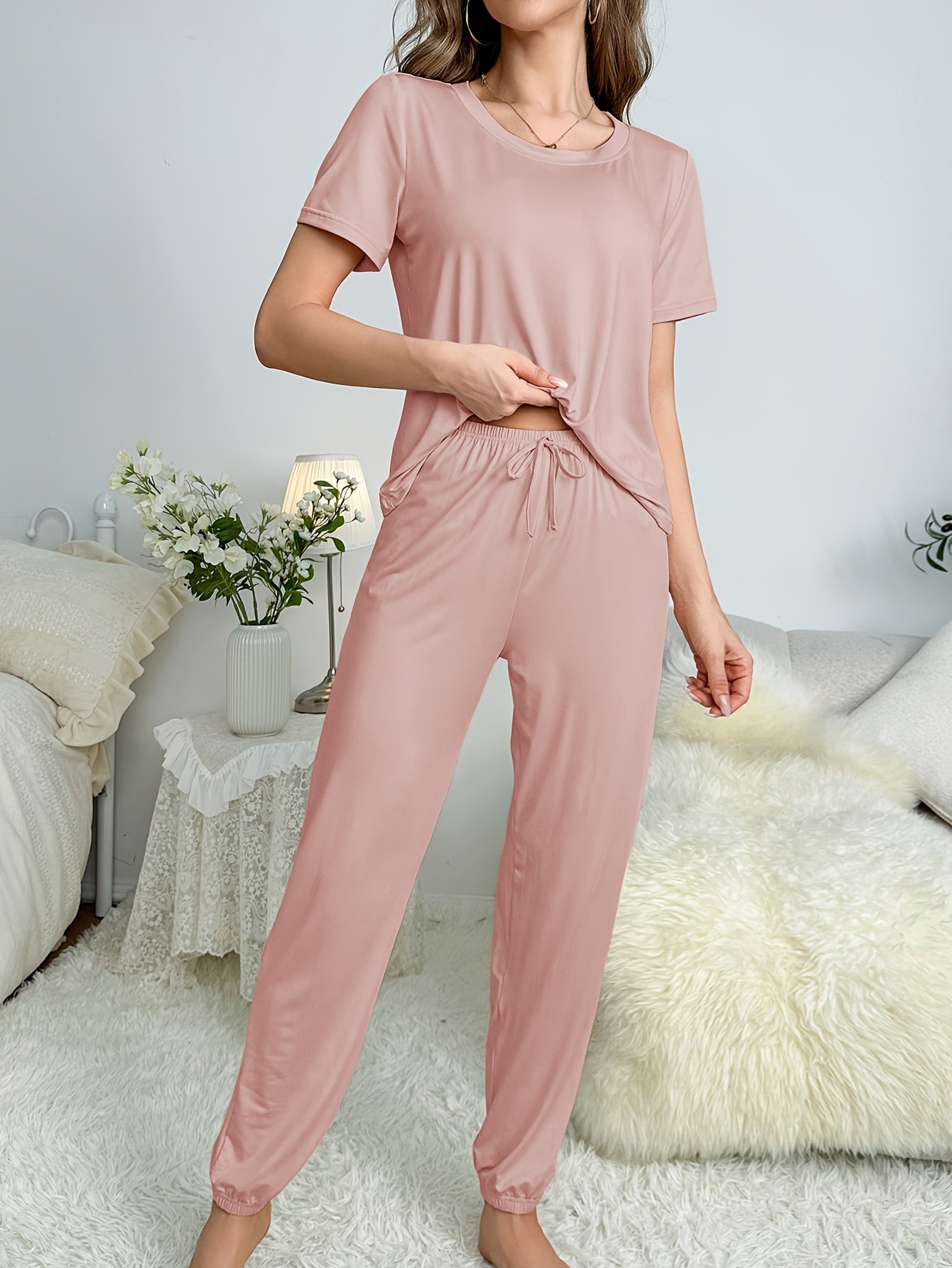 Women's Summer Lounge Set Short Sleeve Top Elastic Drawstring Pants Solid Color Knit Fabric