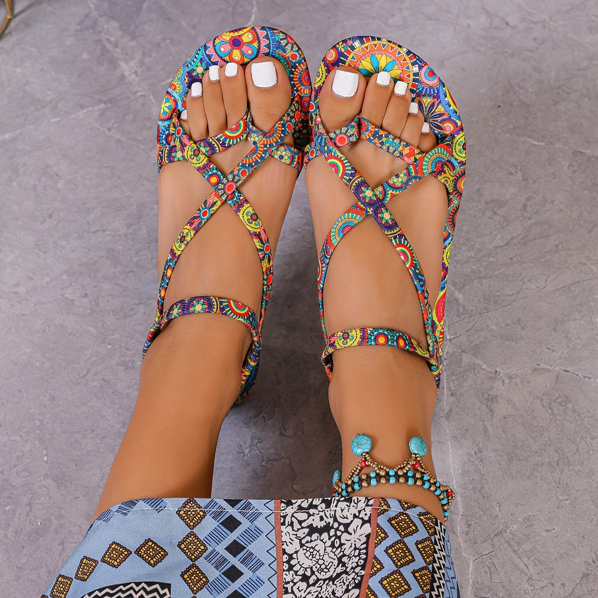 Women Bohemian Floral Flat Sandals Cross-Strap Open-Toe Breathable Fabric