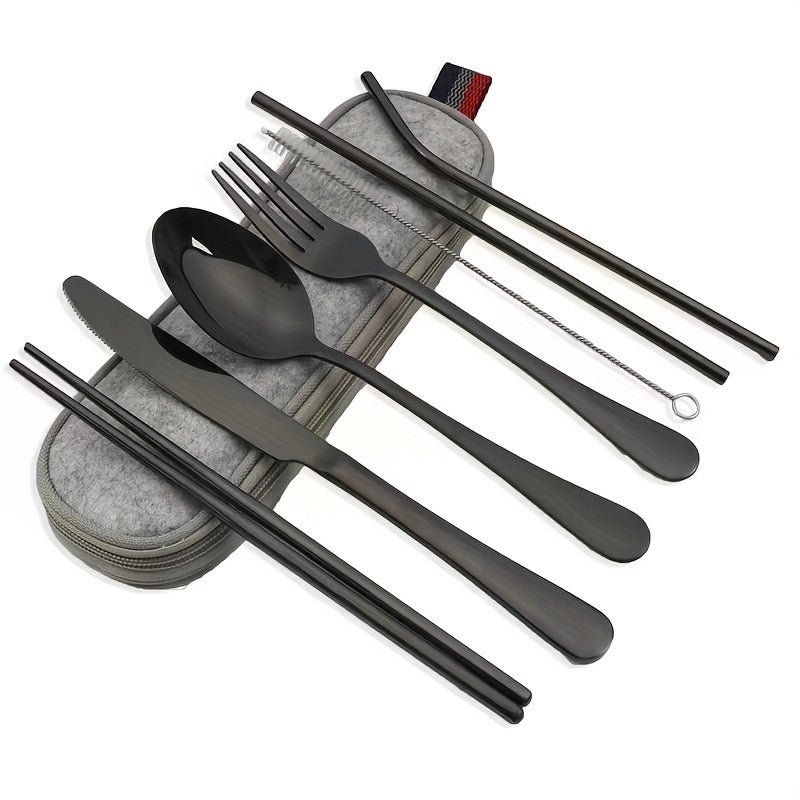 Camping Cutlery Set with 8 Stainless Steel Pieces Knife Fork Spoon Chopsticks and Carry Case