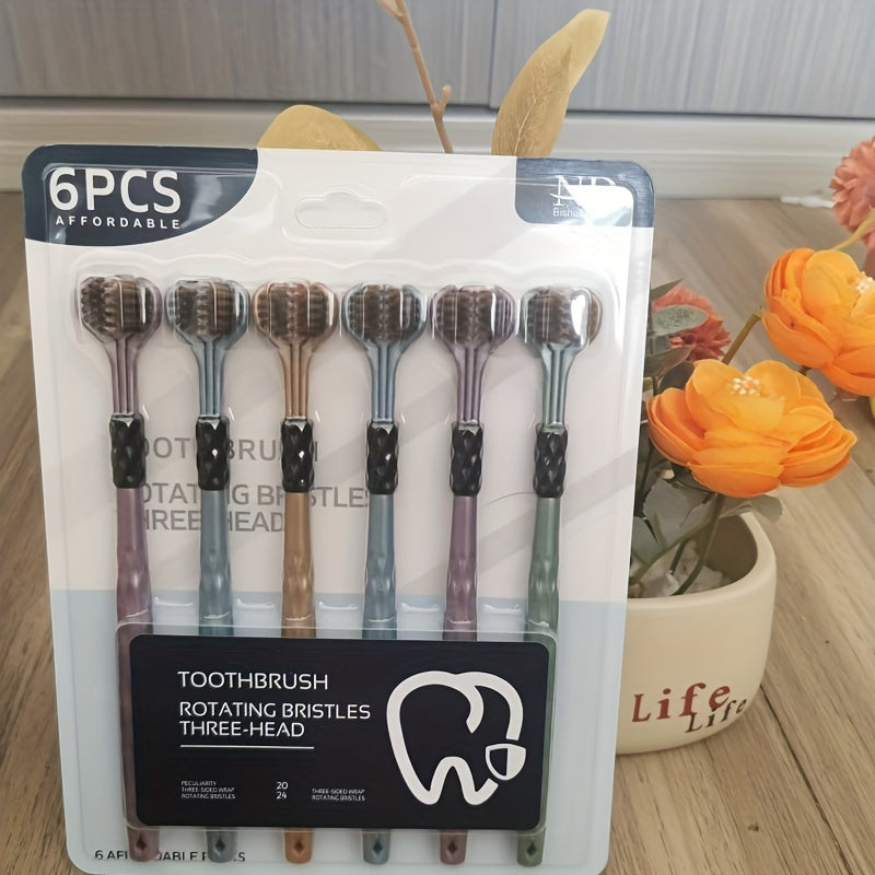 6-Pack Triangular 3D Manual Toothbrushes for Adults with Soft Nylon Bristles