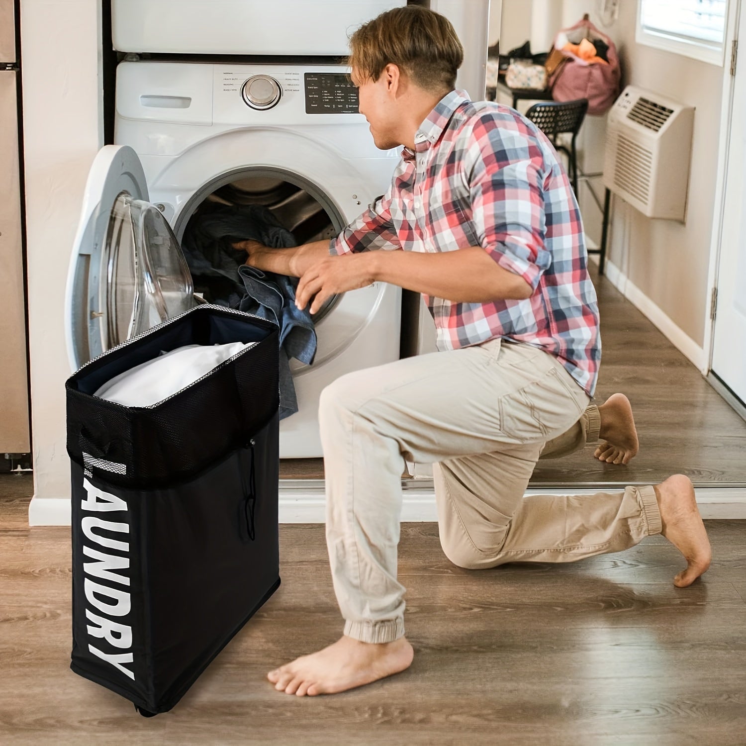 Современная серая корзина для белья на колесах с ручкой, высокий узкий дизайн, складная корзина для грязной одежды, сетчатая подкладка, идеальна для различных интерьеров - Корзины для белья