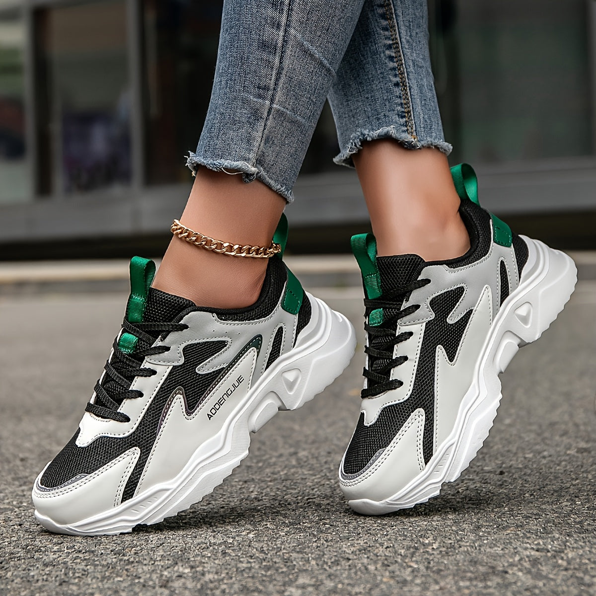 Women's Fashion Sneakers White Gray Patchwork Lace-Up Casual Shoes