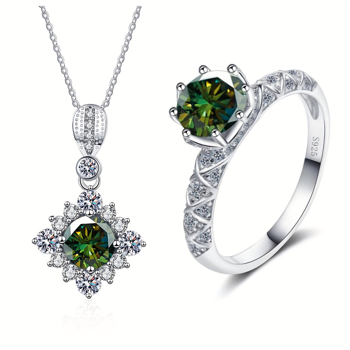 Moissanite Jewelry Set Necklace and Ring in Sterling Silver Engagement Wedding Gift