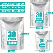 Set of 100 Mylar Food Storage Bags 3 Sizes Resealable Heat Sealable