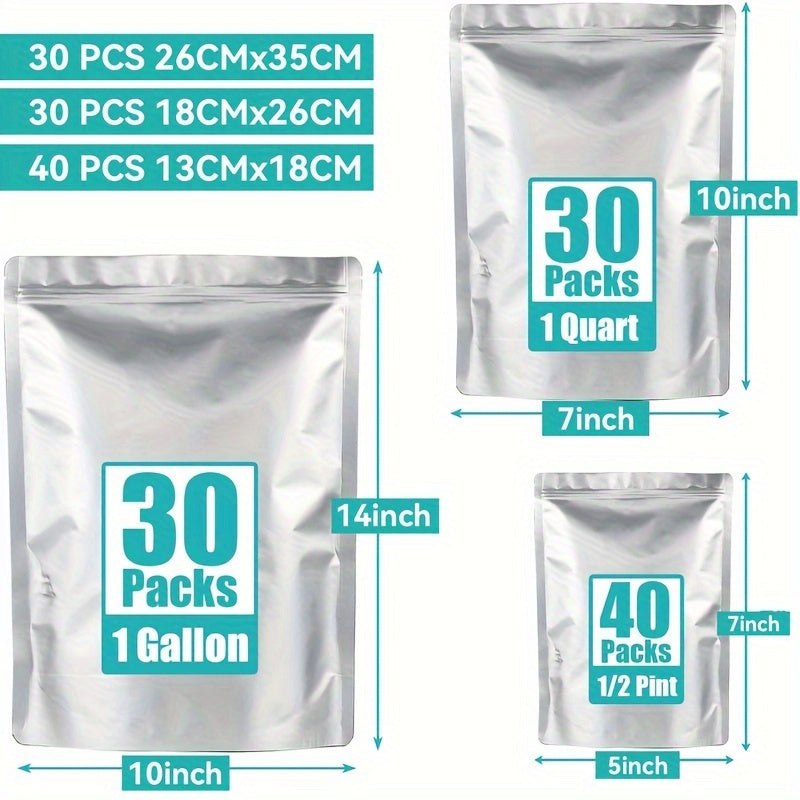 Set of 100 Mylar Food Storage Bags 3 Sizes Resealable Heat Sealable