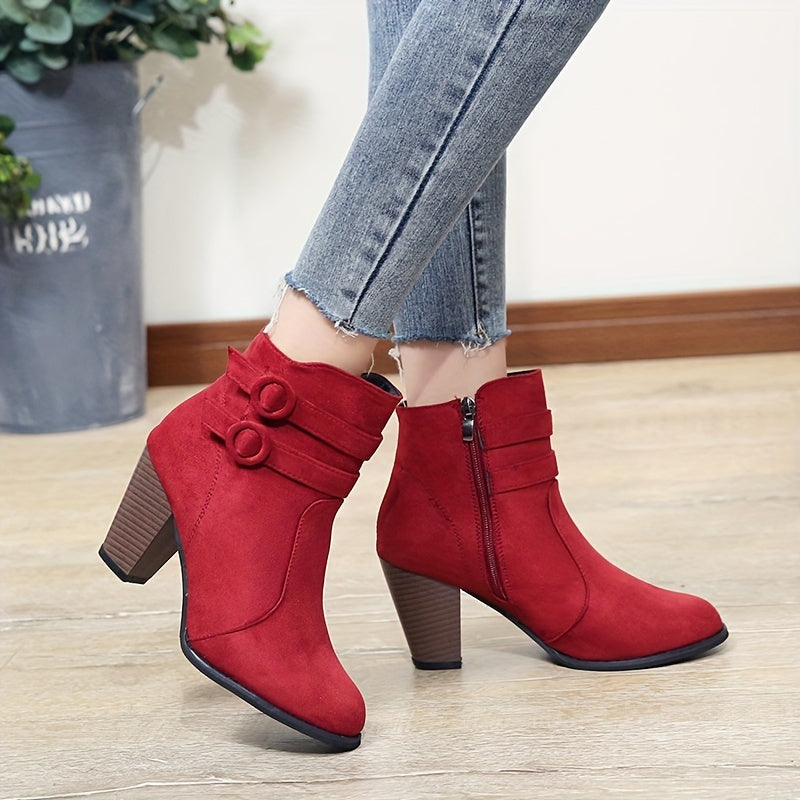 Women Ankle Booties Solid Color Fabric Pointed Toe Block Heel Shoes