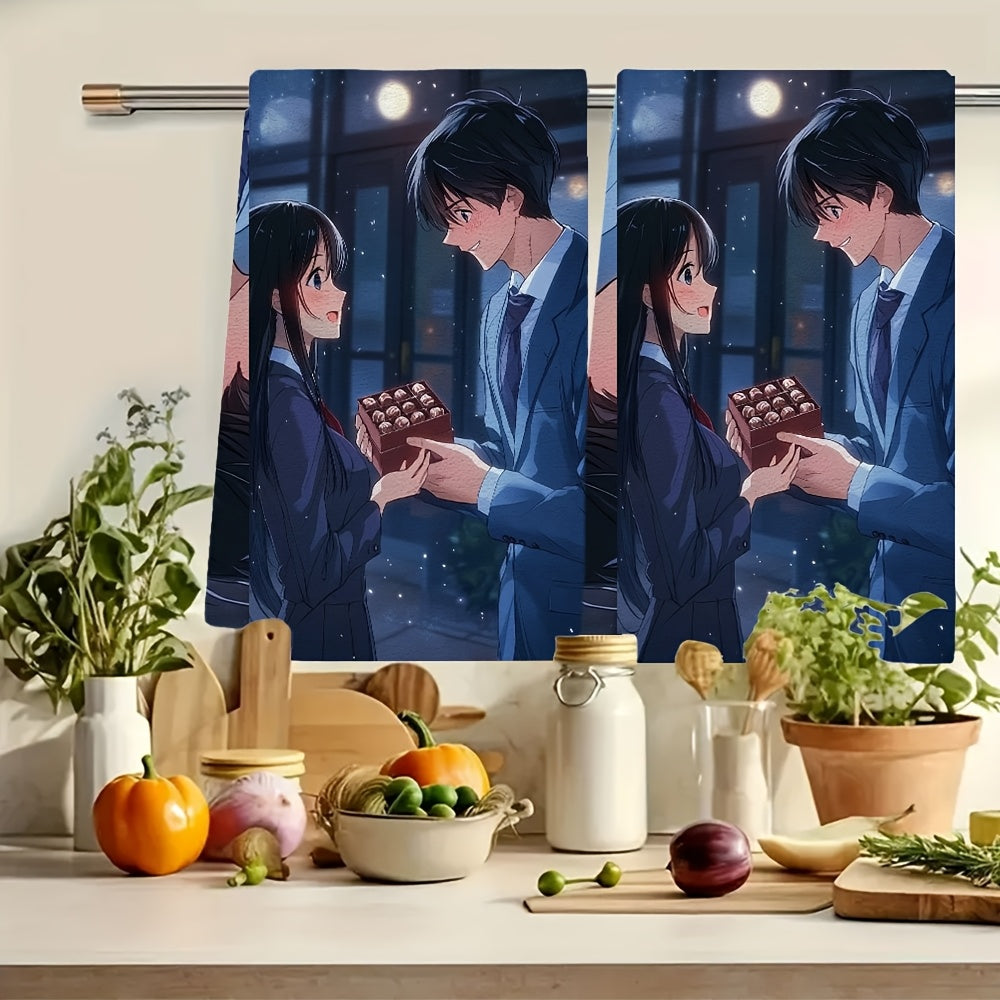 Juego de 2 toallas de cocina ultra suaves Anime Boy cabello negro traje azul regalo toallas de cocina absorbentes de chocolate