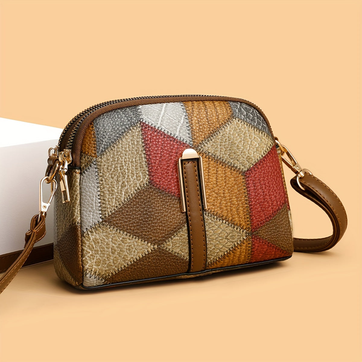 Women's Colorblock Crossbody Bag with Retro Rhombus Pattern PU Zipper Adjustable Strap