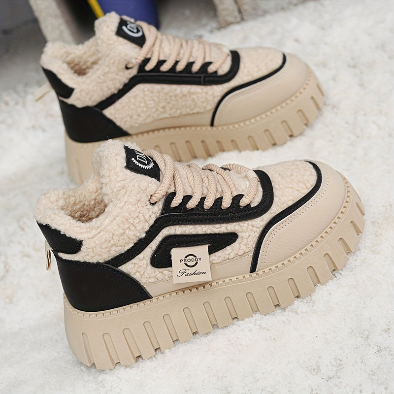 Women's Winter Snow Boots Beige Black Platform Traction Lace-Up Ankle Waterproof
