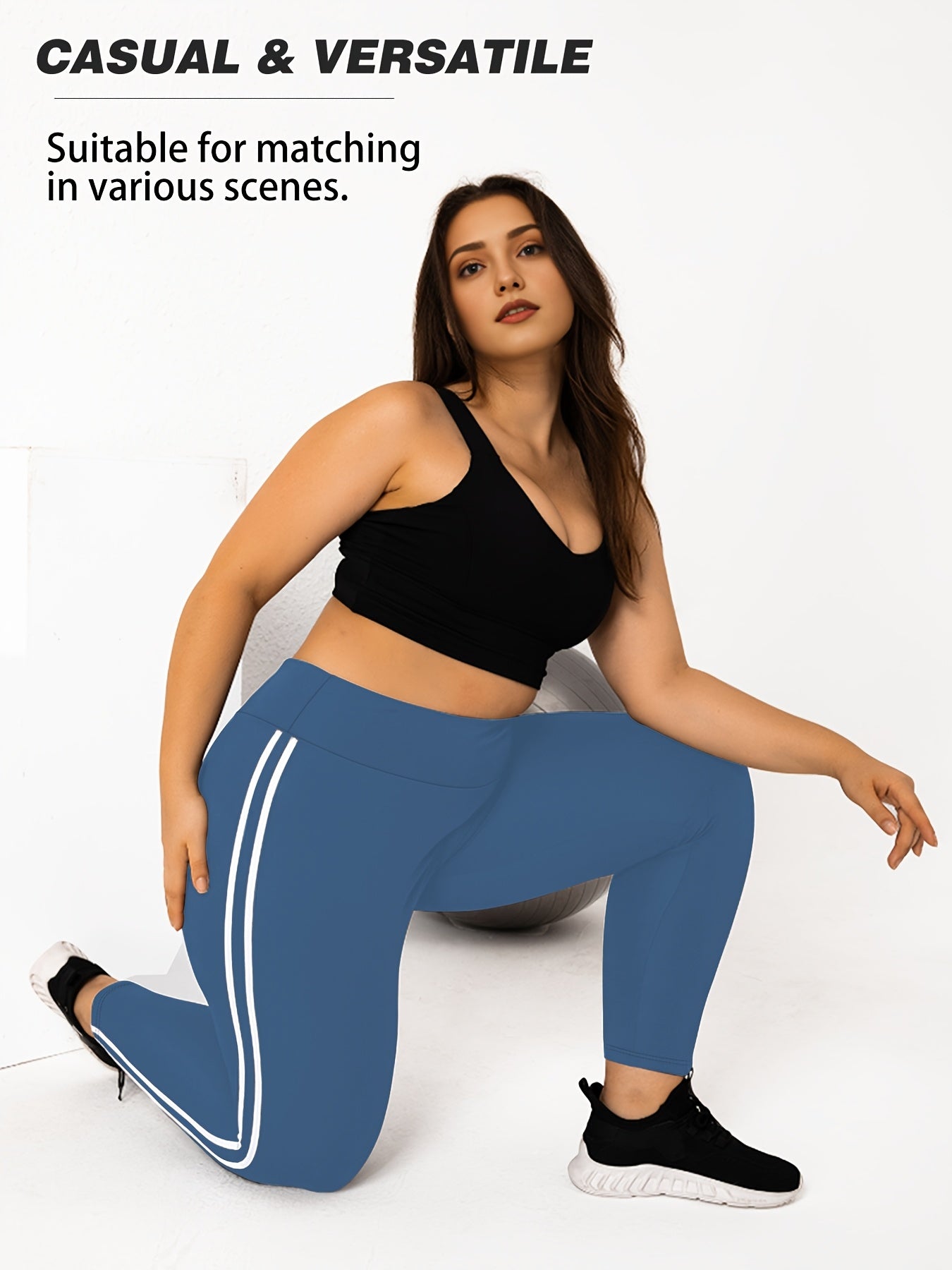 Women's Plus Size High-Waisted Cropped Leggings with Side Stripes Black Blue