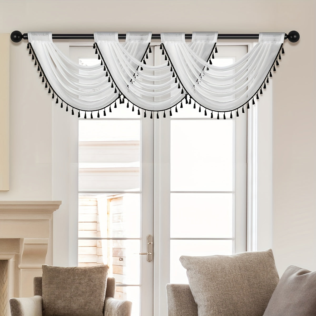 Sheer Wave Curtain Valance with Tassels Edge 30x24 Inches Light-Transmitting Rod Pocket Decor