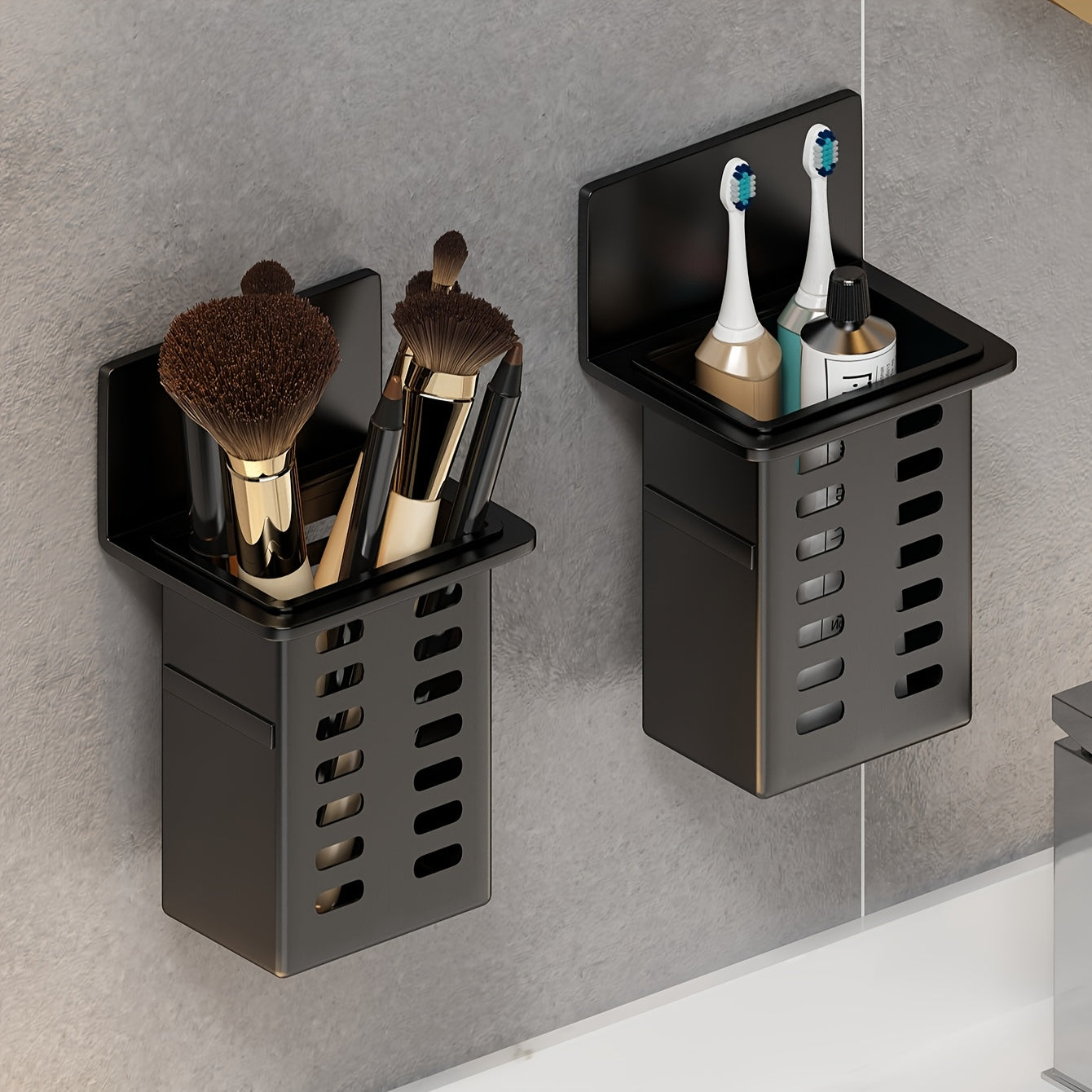 Black Wall-Mounted Toothbrush Holder with Compartments for Toothbrushes and Toothpaste