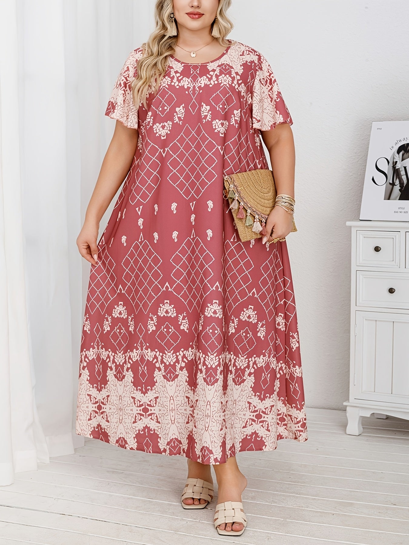 Plus Size Woven Polyester Blend Tunic Dress Crew Neck All-Season Middle Eastern Style