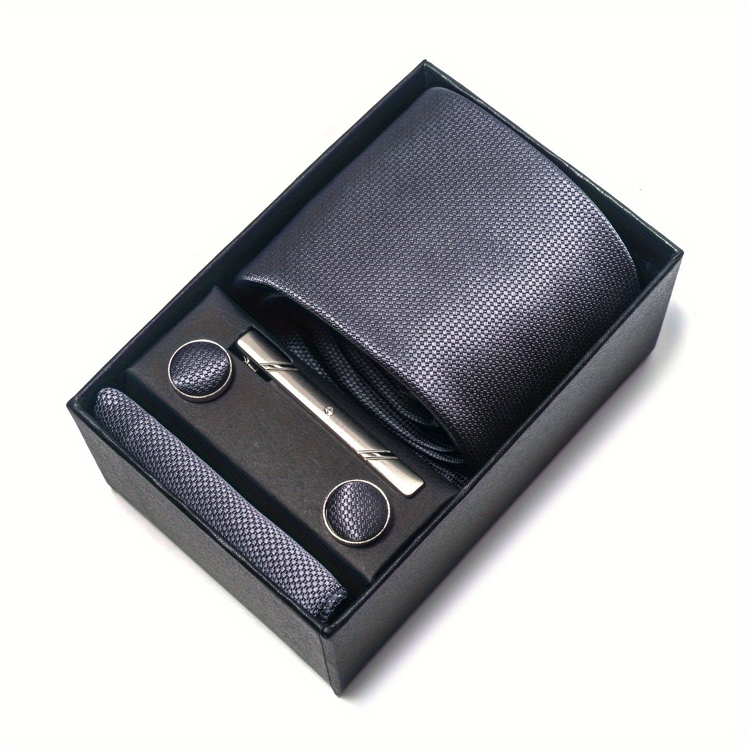 Men's Solid Color Tie Set with Square Cufflinks Gift Box for Wedding Business and Holiday
