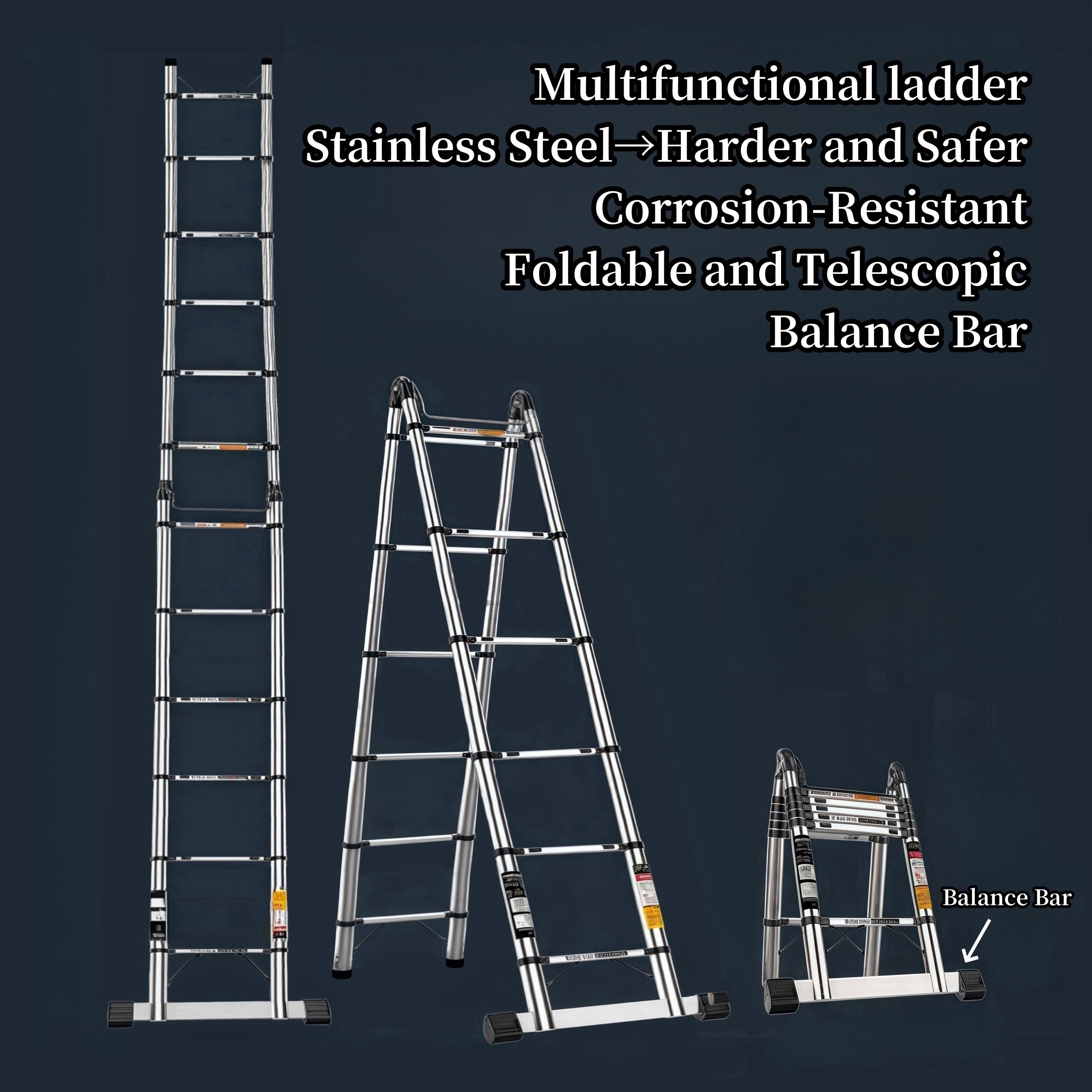 Stainless Steel Folding Ladder with Balance Bar 149.69KG Capacity for Indoor and Outdoor Use
